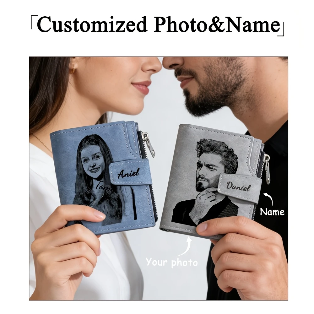 Customized Photo & Name Men's Short Wallet High-Quality Zipper Card Holder Photo Organizer Simple Male Purse Brand Money Clip