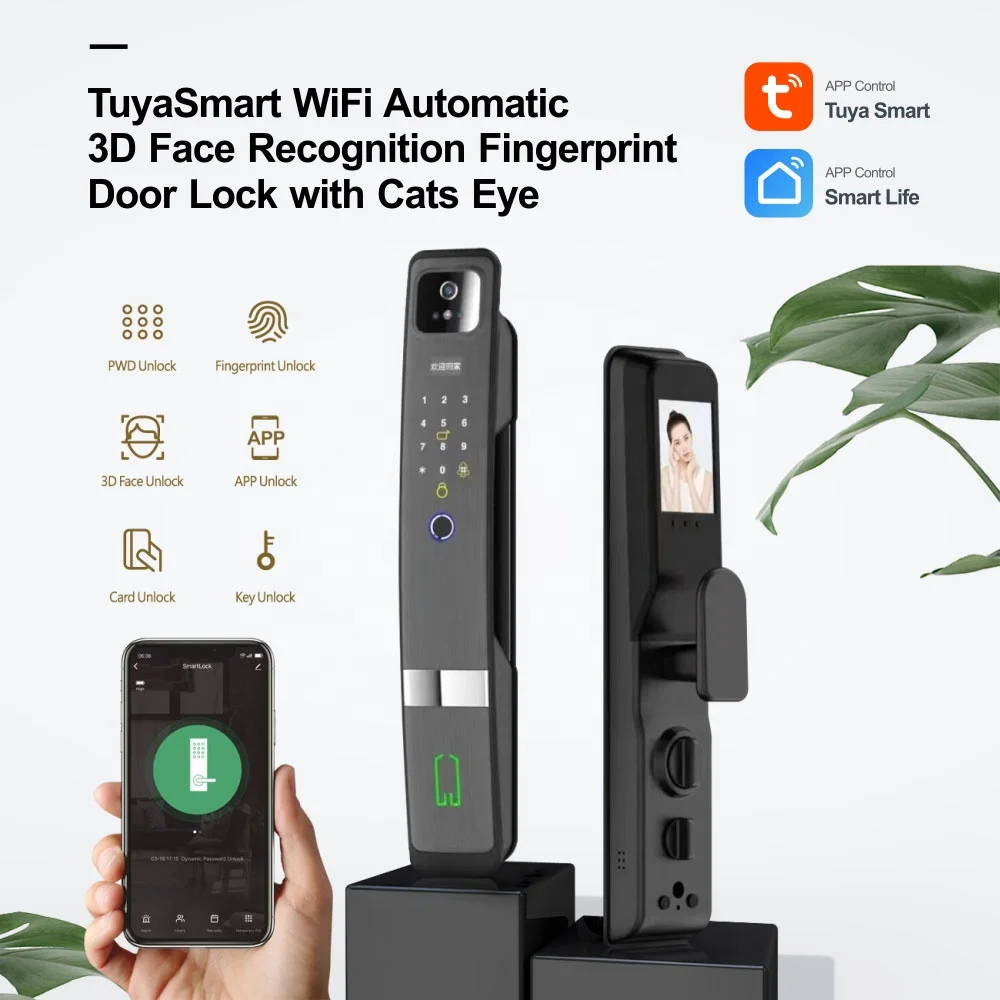 2024 Most Fashional Tuya WiFi  Automatic 3D Face recognition Door Lock With Cats Eye Camera PST-H20-P