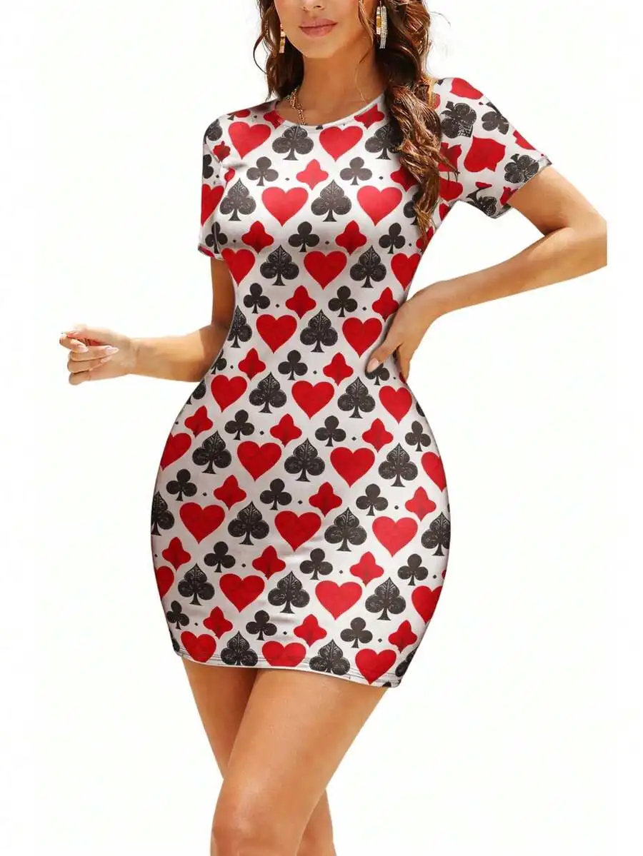 

Womens Poker Card Print Stretch Mini Dress Short Sleeve Round Neck Slim Fit