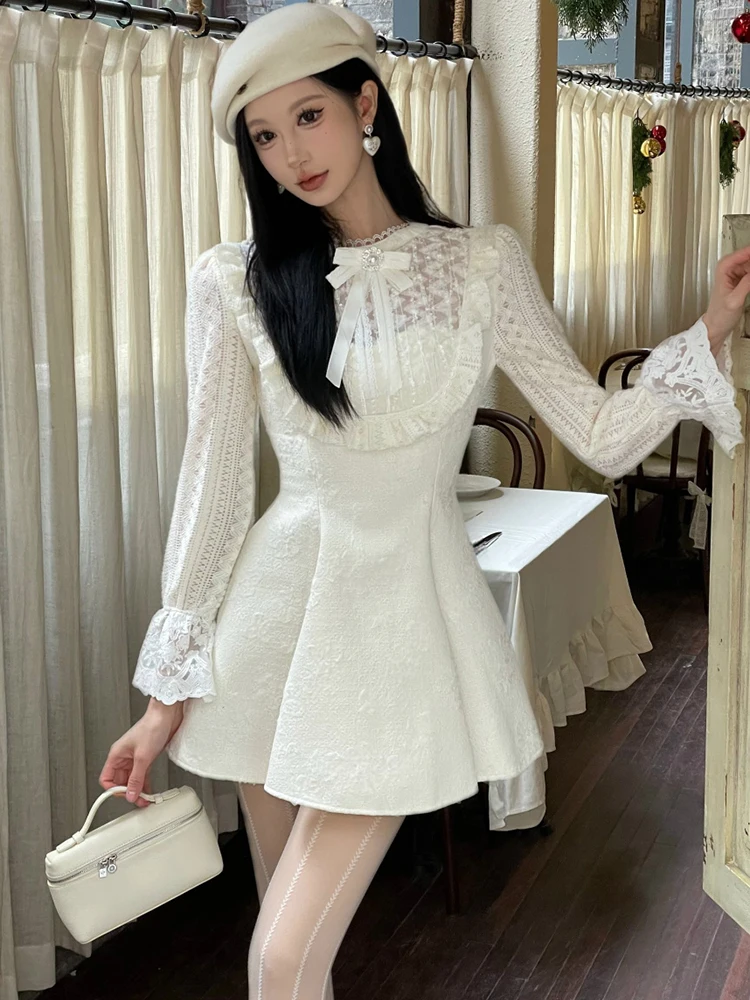 Herfst Winter Witte Jacquard Patchwork Kant Lange Mouw Jurk Vrouwen Koreaanse Chic Boog Kraag Jurk 2025, Elegante Chic Kawaii Jurk