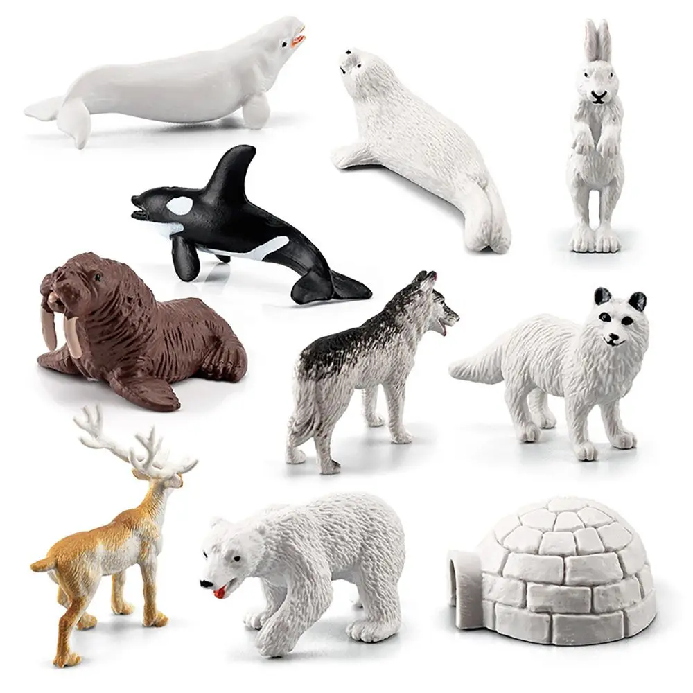 10PCS/Set Arctic Animal Model Miniature Seals Walruses Polar Bear Fox Rabbit Whale Reindeer Figurine Micro Landscape Toy Gift