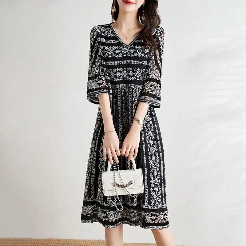 2024 Chiffon Print V-neck Skirt Summer Women's Fashion Women Clothing Party Vestido Dress