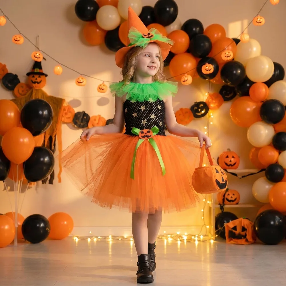 Halloween Girls Witch Style Mesh Tutu Dress Kids Fluffy Tulle Princess Dress Children Holiday Party Stage Birthday Daily Outfit