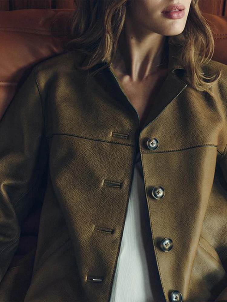 

Vintage Leather Women's Jacket Turndown Collar Single Breasted Coats Casual Loose Solid Color Women Coat Fashion Retro Outerwear