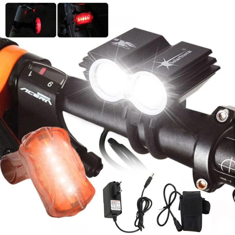 Aluminum Bicycle Headlamp 6000Lm 2xLED Bike Light Headlight +Rechargeable Battery Pack+Charger+Red Taillight