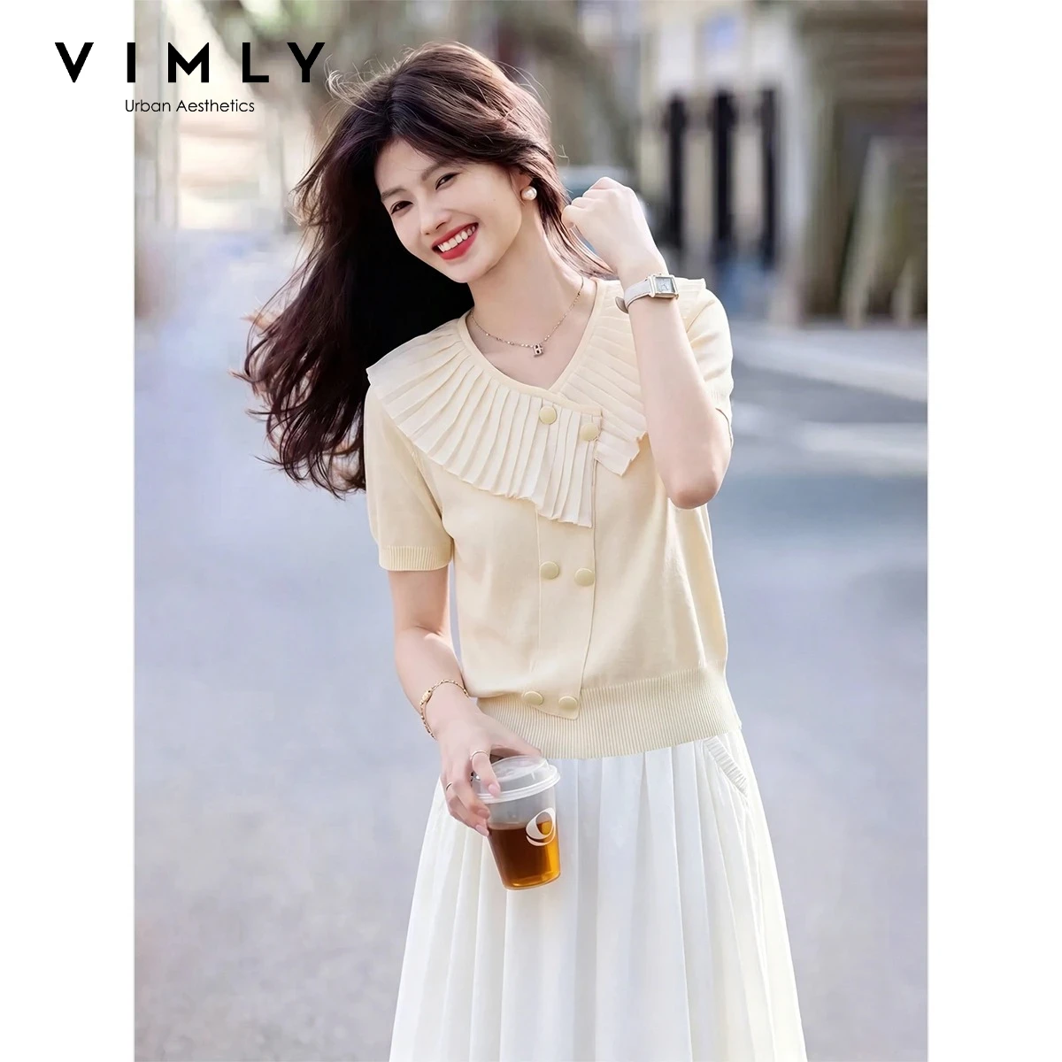 

VIMLY Women Knitted T-Shirt Summer 2026 New Elegant Gentle V Neck Apricot Ruffled Short Sleeve Top Fashion Daily Wear 75376