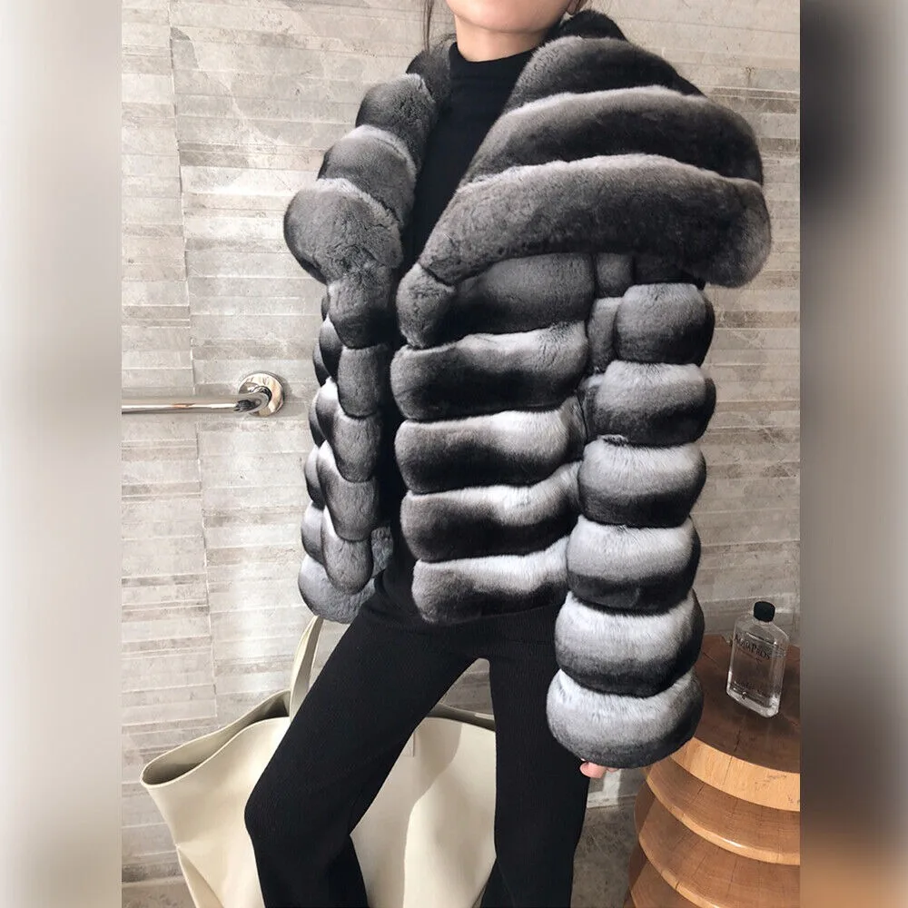 Inverno real rex coelho casaco de pele das mulheres casaco quente luxo chinchila grande lapela gola grossa jaqueta feminina pele genuína outwear