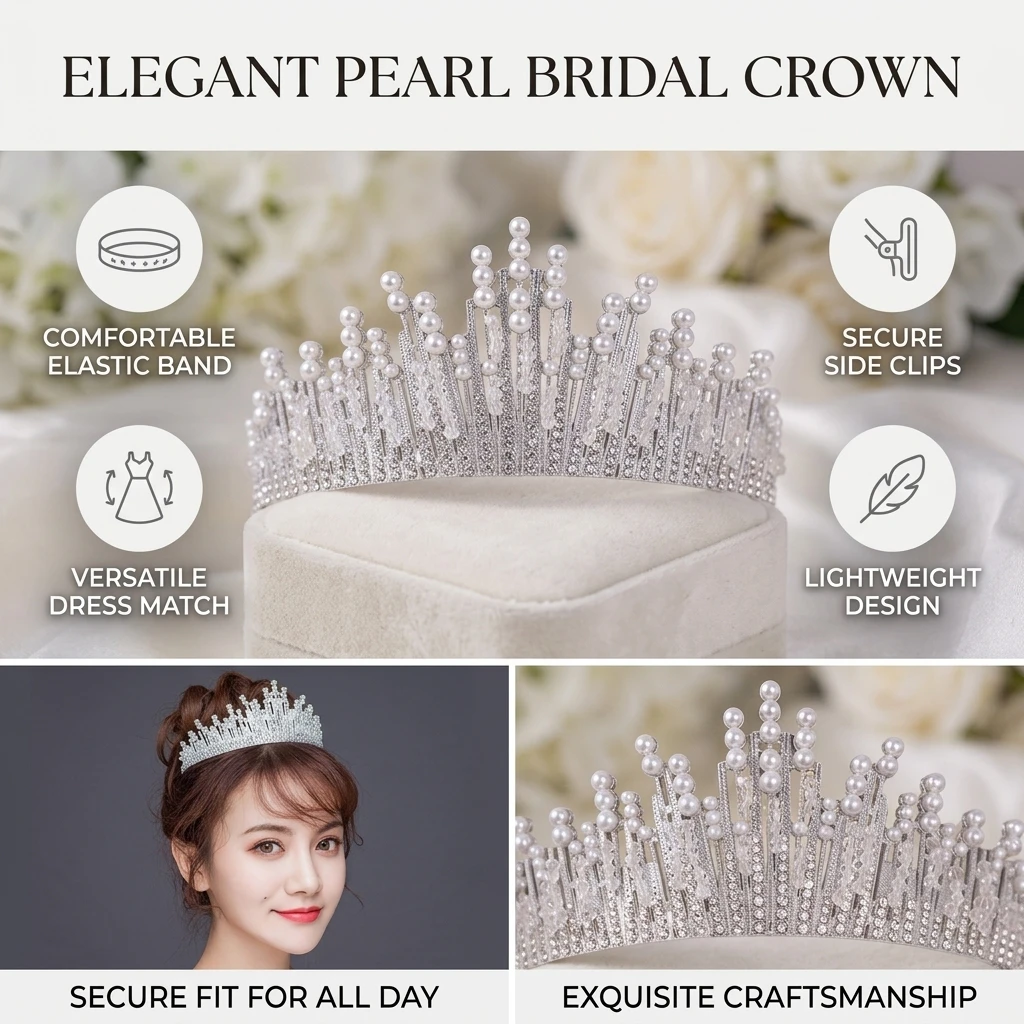 Bridal Pearl Crown Headpiece Elegant Rhinestone Headbands For Bride Wedding Ceremony And Formal Events Hair Jewelry Ornaments view 6