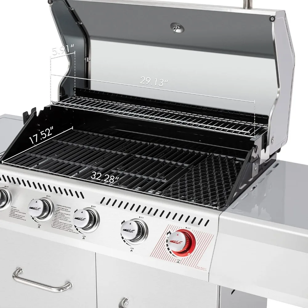 Propano Gás Grill com queimador lateral, aço inoxidável churrasqueiras, prata, GA5404S