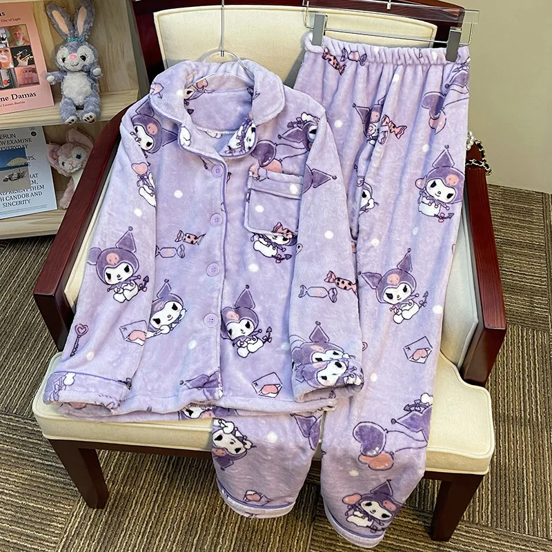

New Cartoon Anime Sanrios Kuromi Cute Cartoon Cotton Pajamas Women Autumn Winter Loungewear Coral Velvet Homewear Warm Sleepwear