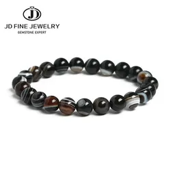 JD 7A Natural With Eyes Black Agate Bracelet  6 8 10 12 14MM Pick Size Jewelry Natural Black Stripe Agates Stone Beads Bracelet