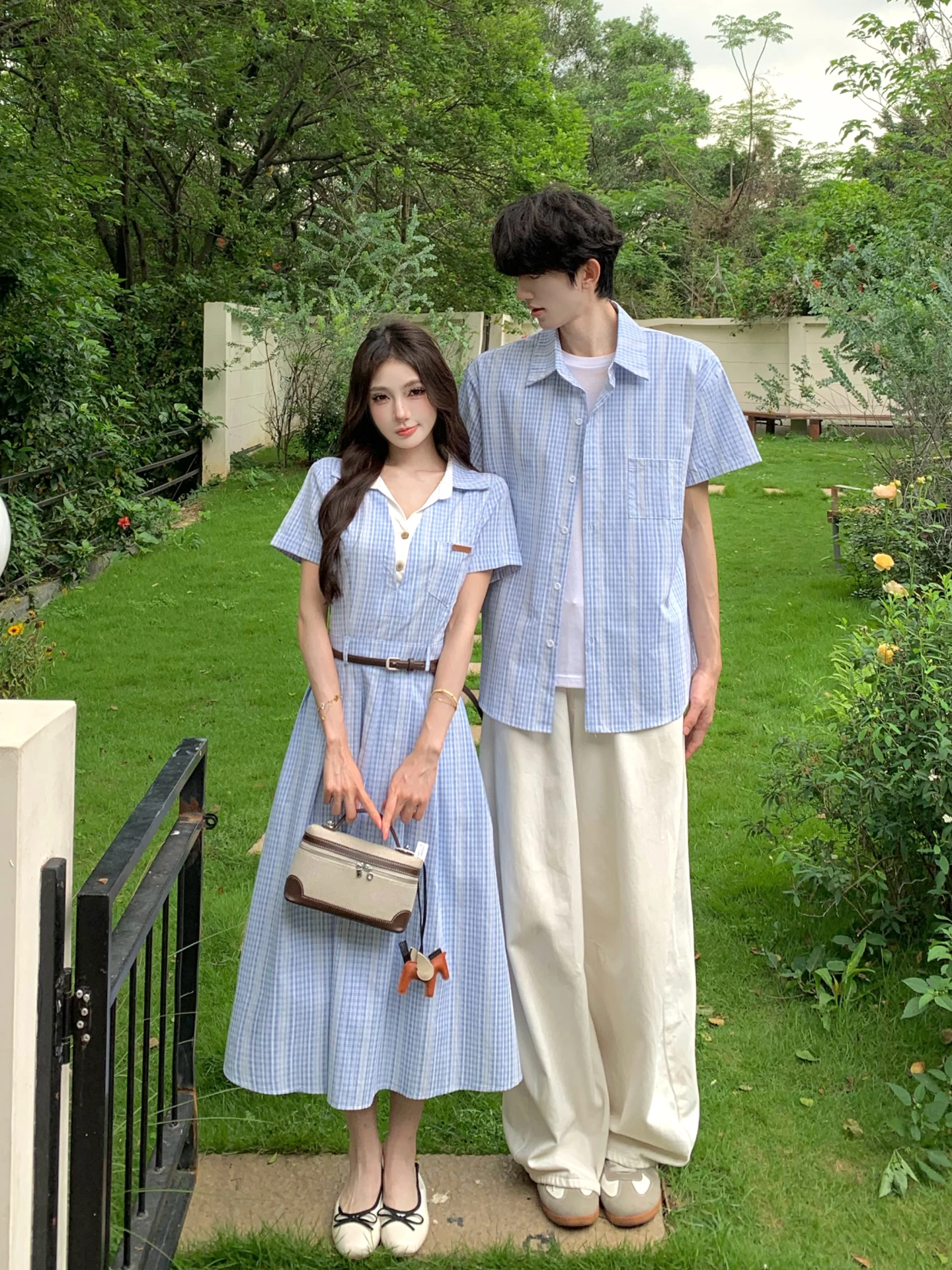

American Style Short Sleeve Shirt Couple's Outfit 2026 Summer Unique Design Beach Blue Waist Cinched Dress One Skirt One Shirt