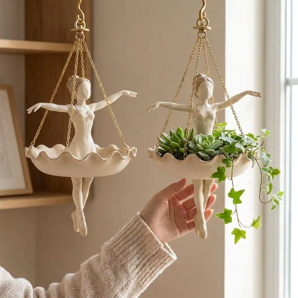 Resin Ballet Dancer Hanging Planter Whimsical Elegant Ballerina Figure Girl Hanging Plant Basket UV Resistant Hand Carved