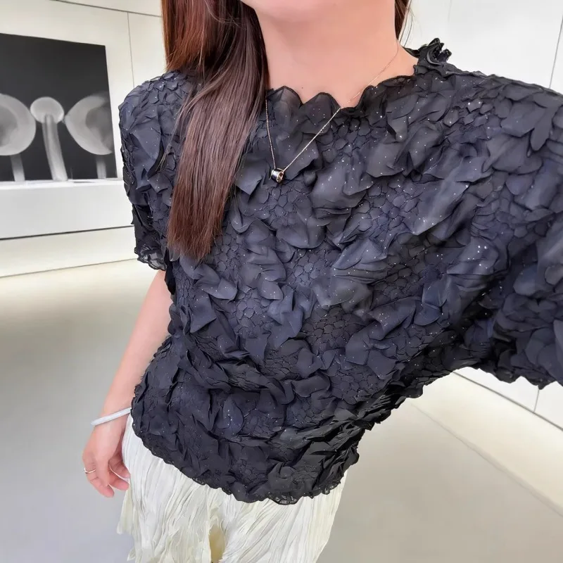 Short Sleeve T-Shirt 2026 Summer New Handmade Pleated Top Women's Casual Stretch Lightweight Women's Clothing No Ironing