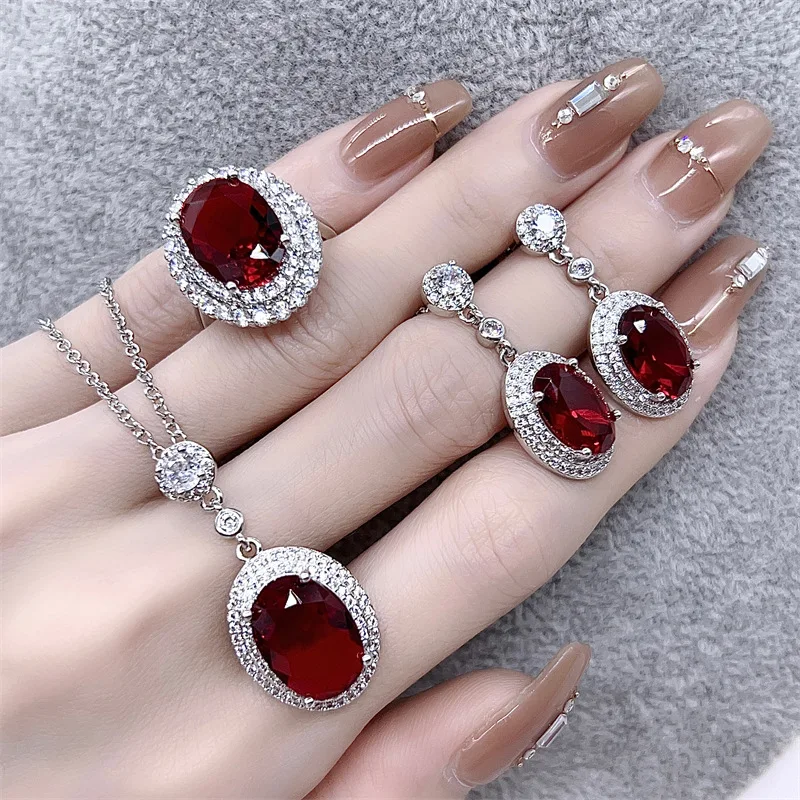 Luxury 925 Silver Red Zircon Geometry Necklace Earrings Ring 3 Pieces Set Banquet Wedding Anniversary Gift Women\'s Jewelry Set