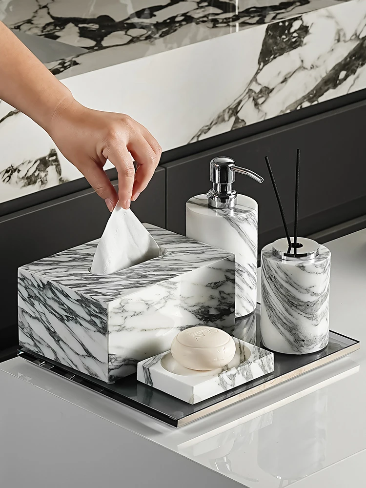 

Arabescato Corchia Natural Marble Bathroom Set Soap Dish Soap Dispenser Tissue Box Tray Bathroom Accessories