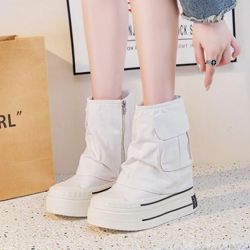 Fashion 2026 Women All Season Canvas Boots Zipper Side Inner Height Increase 12cm Ultra High Heel Pocket Ankle Boots Black White