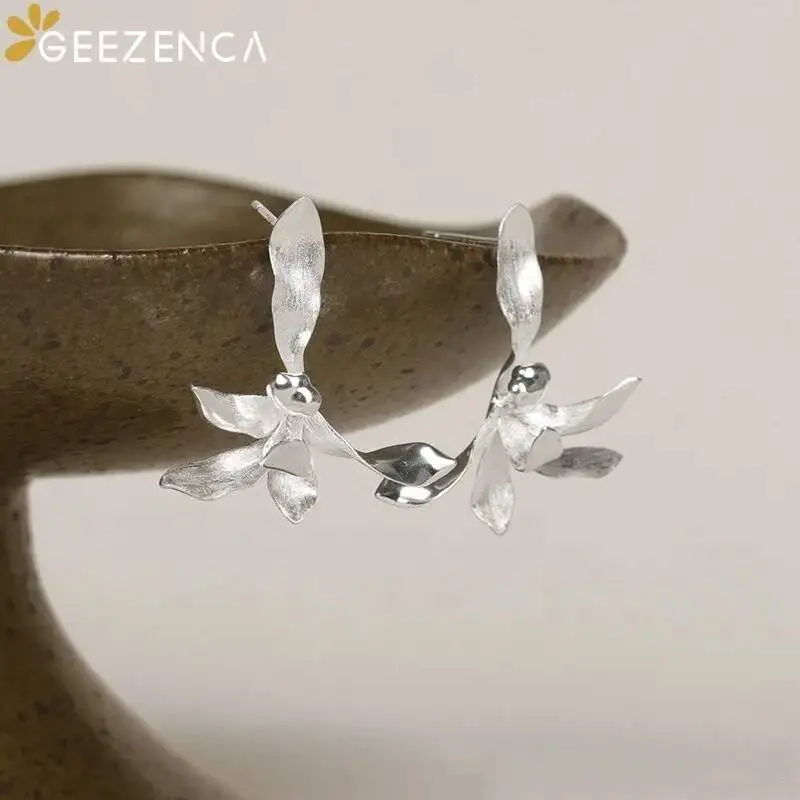 

GEEZENCA S925 Silver Brushed Jewelry 3D Flower Statement Earrings Women Designer Trendy Dainty Unique Stud Earring Gift For Her