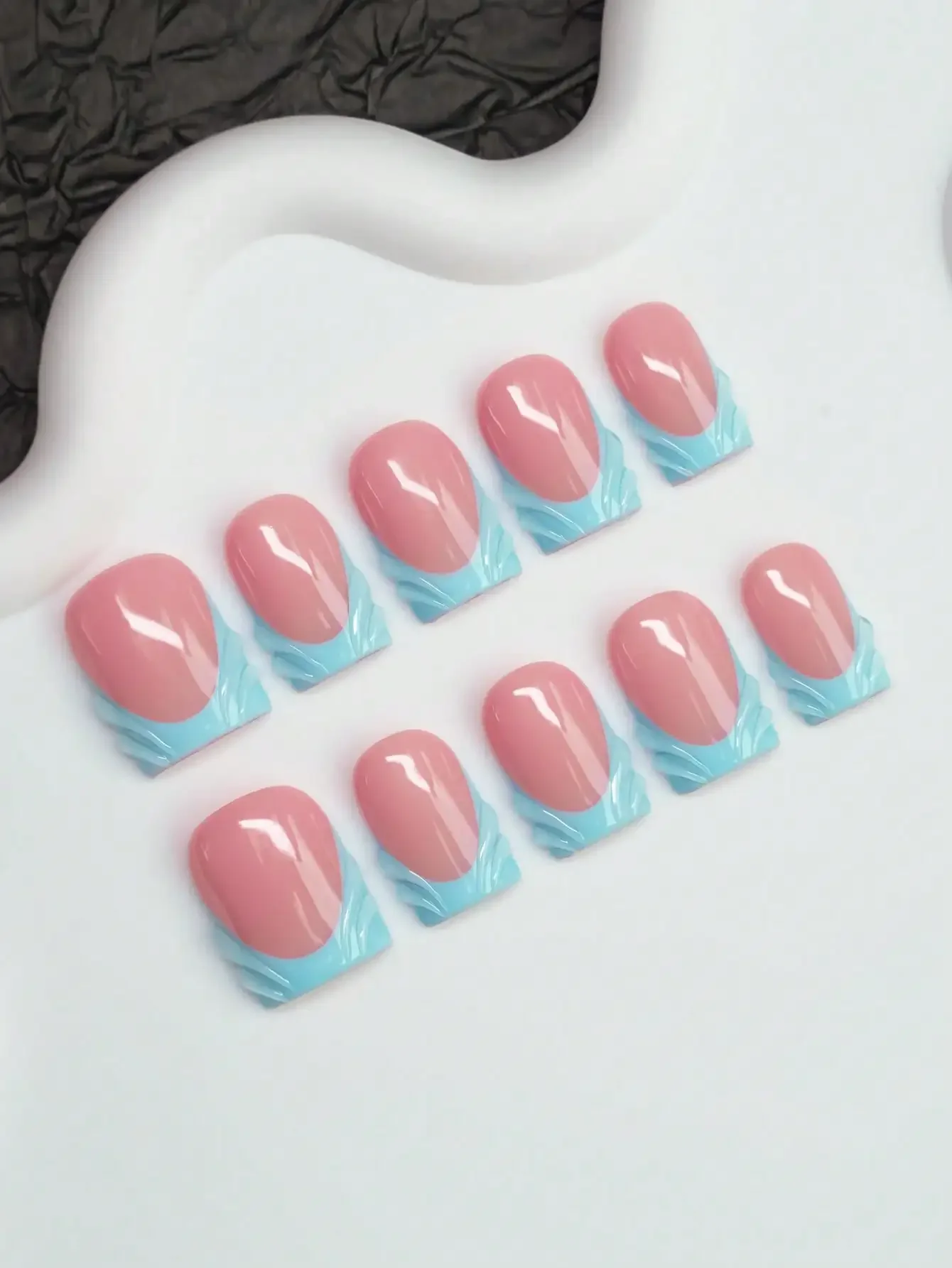 

10pcs Square Shaped Handmade Nail Tips, Y2K Baddie Style, Nude & Blue Color French Tips With Water Drop Design, Suitable For Women & Girls, Party, Daily Wear, Includes Tool Kit, Great Gift For Ladies