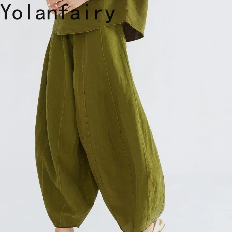 YOLANFAIRY High-end 100% Mulberry Silk Pants for Women Oversized Loose Pants Wide Leg Harem Trousers Cambiered Green Pants Trend