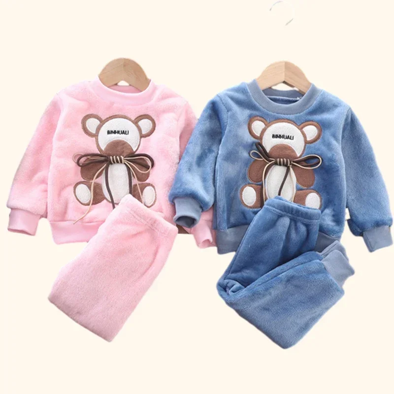 Set piyama anak bayi, baju tidur anak bulu flanel tebal hangat 2 potong