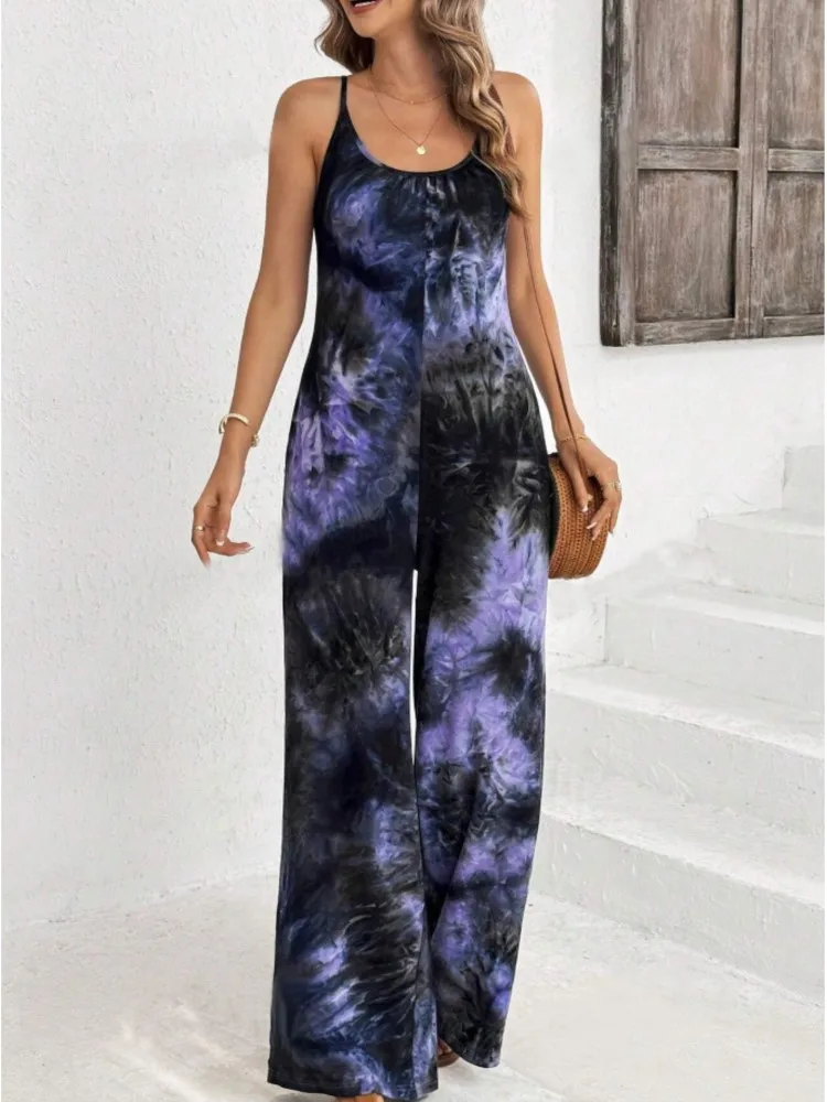 

Летний повседневный женский комбинезон 2026 года: модный, с принтом тай-дай, на тонких бретелях, без рукавов, свободный крой, широкие штанины