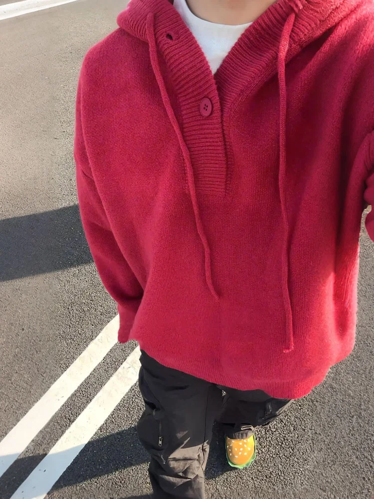 

Мужской вязаный кардиган-худи Ankela Red с V-образным вырезом, осенне-зимний, в американском стиле, свободного кроя, удобный свитер