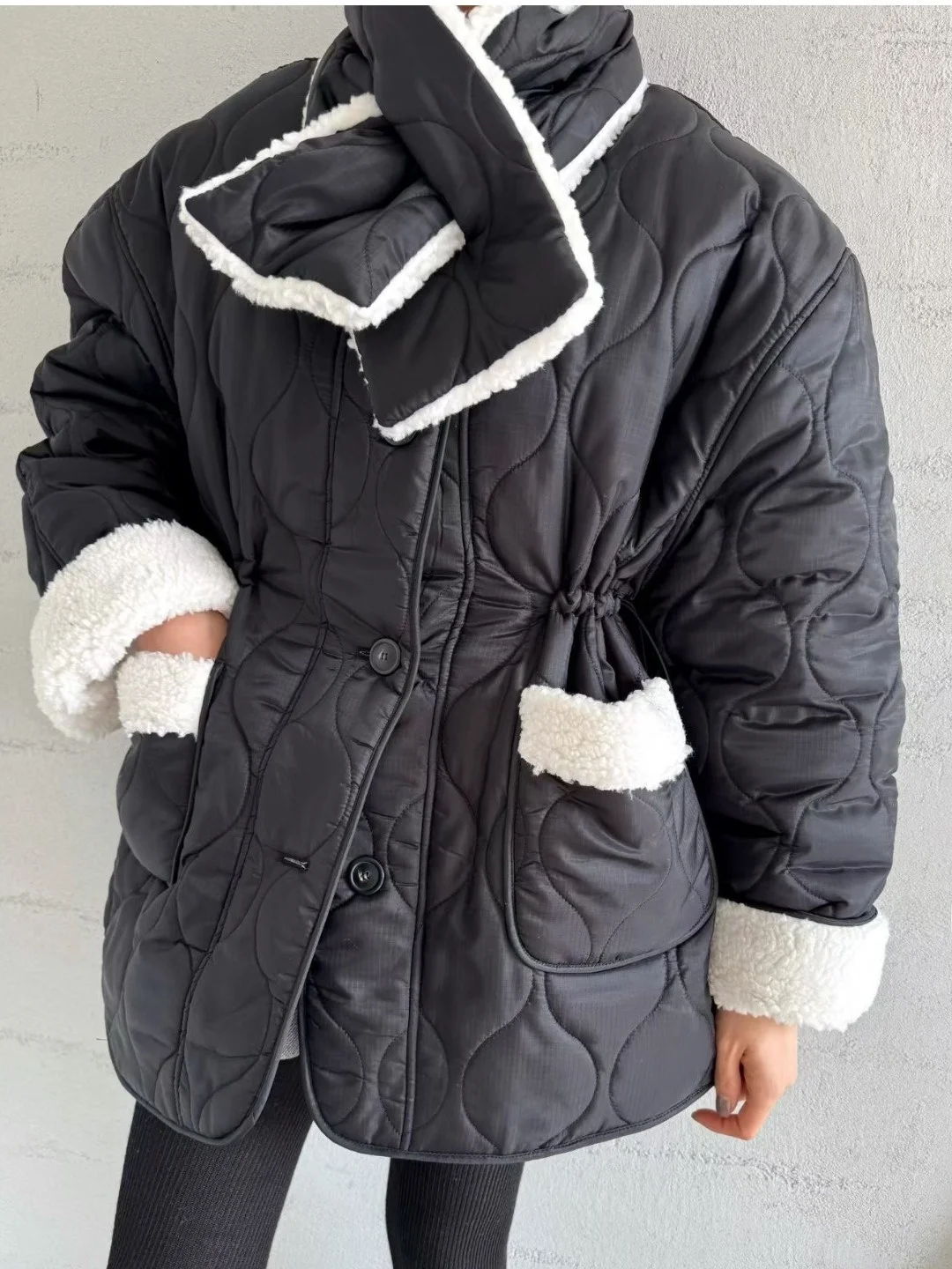 

Faionable Thiened Winter Cotton Jaet Women's Sli All-Match Design Sense Warmth with Scarf Inteated Cottonwear