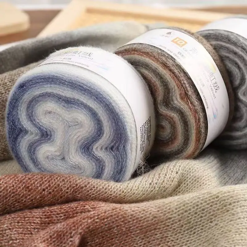 Gradual Change Rainbow Fleece,100g Fancy Gradual Change Long-section Dyed Wool Blended Core-spun Yarn Hand-knitted Sweater Scarf