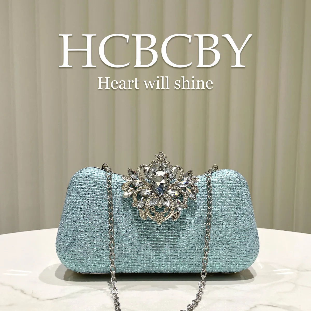 Mint green glitter rhinestone buckle decorative plaid clutch bag, women's fashionable and elegant box-shaped dinner bag