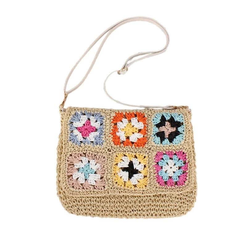 Stylish Paper Rope Crossbody Bag Ethnic Vintage Versatile Hollow Out Crochet Flower Zippered Shoulder Purse for Women