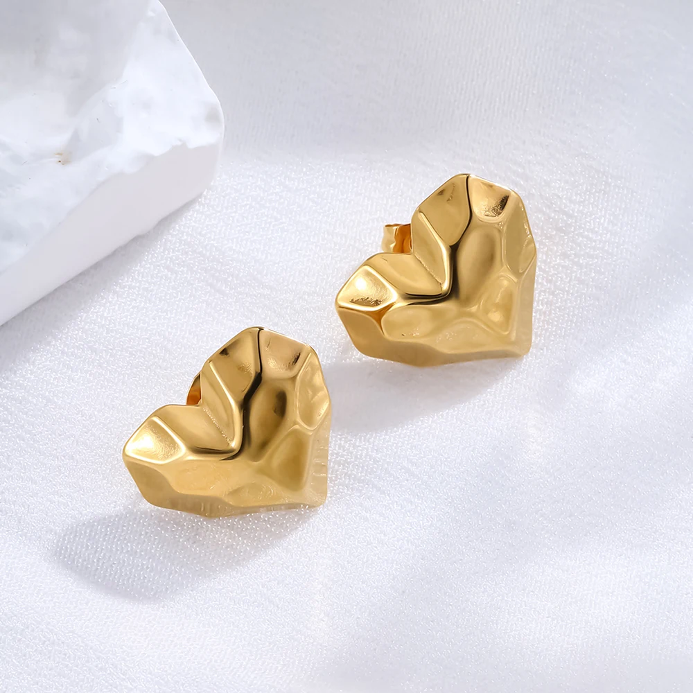 Sifisrri Vintage Minimalist Pleated Heart Stud Earrings for Women Stainless Steel Gold Color Trendy Fashion Earring Jewelry Gift