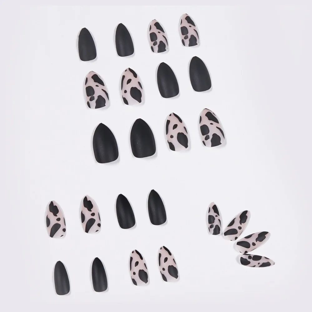 Matte Black Press On Nails Almond Coffin Stiletto Shape Leopard Print False Nails Glue on Full Cover Artificial Nails for Women