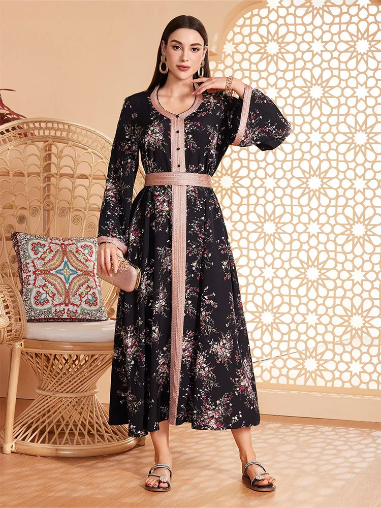 

New Floral Kaftan Arabic Long Dress Women Printed Muslim Moroccan Party Caftan Gulf Jalabiya Dubai Turkish Abayas Black Dresses