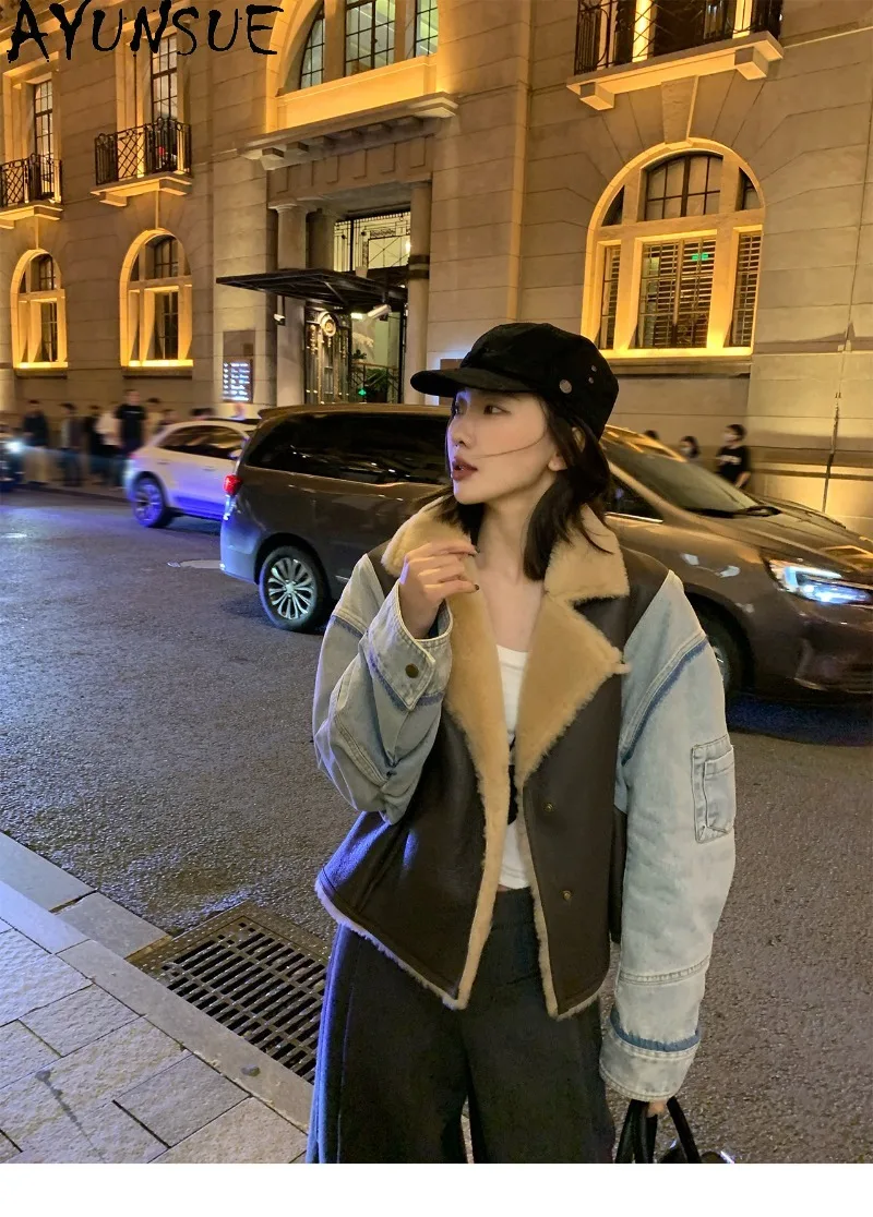 AYUNSUE Womens Vintage Denim Shearling Coat Fur Coat Female Autumn Winter Clothing Short Length Jackets for Women Ropa Mujer