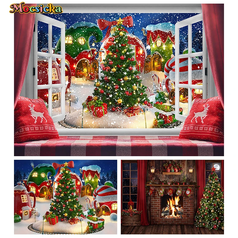 Mocsicka Christmas Decoration Photography Background Xmas Tree Fairy Tale House Red Curtain Fireplace Gifts Photo Backdrop Props