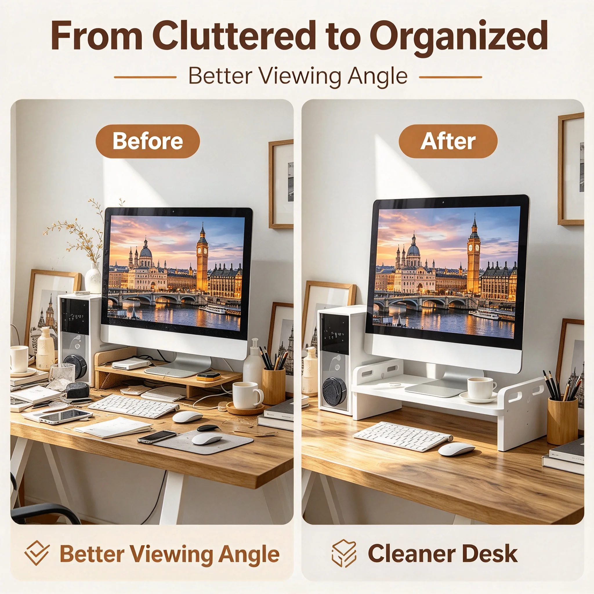 Ergonomic computer monitor stand with storage space, laptop desktop manager, screen, keyboard, home office desktop workspace