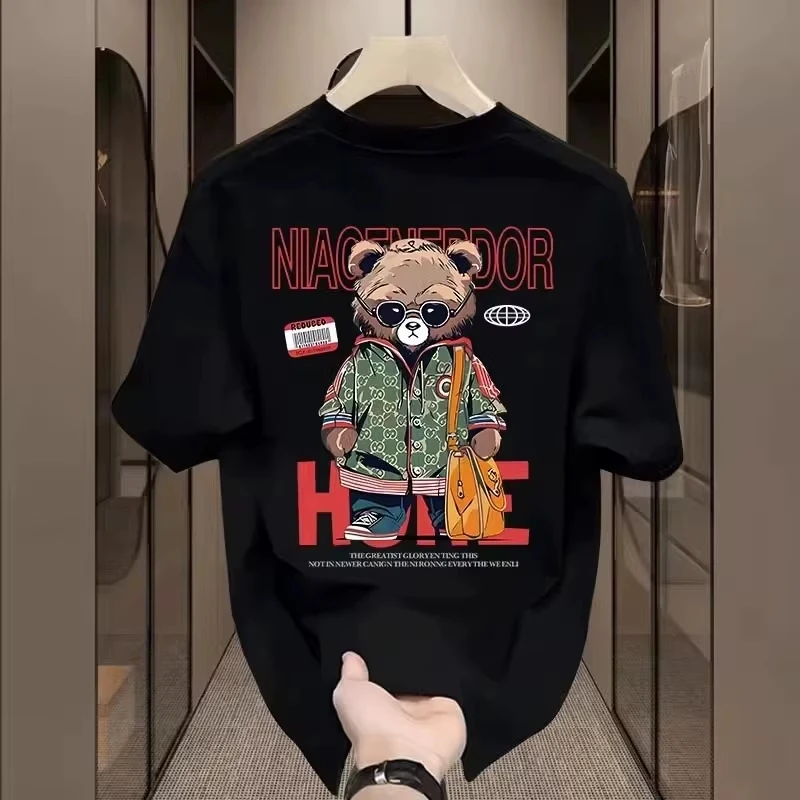 2026 new Man black T-shirt casual summer outfit,cartoon bear letter print shirt white men's clothing