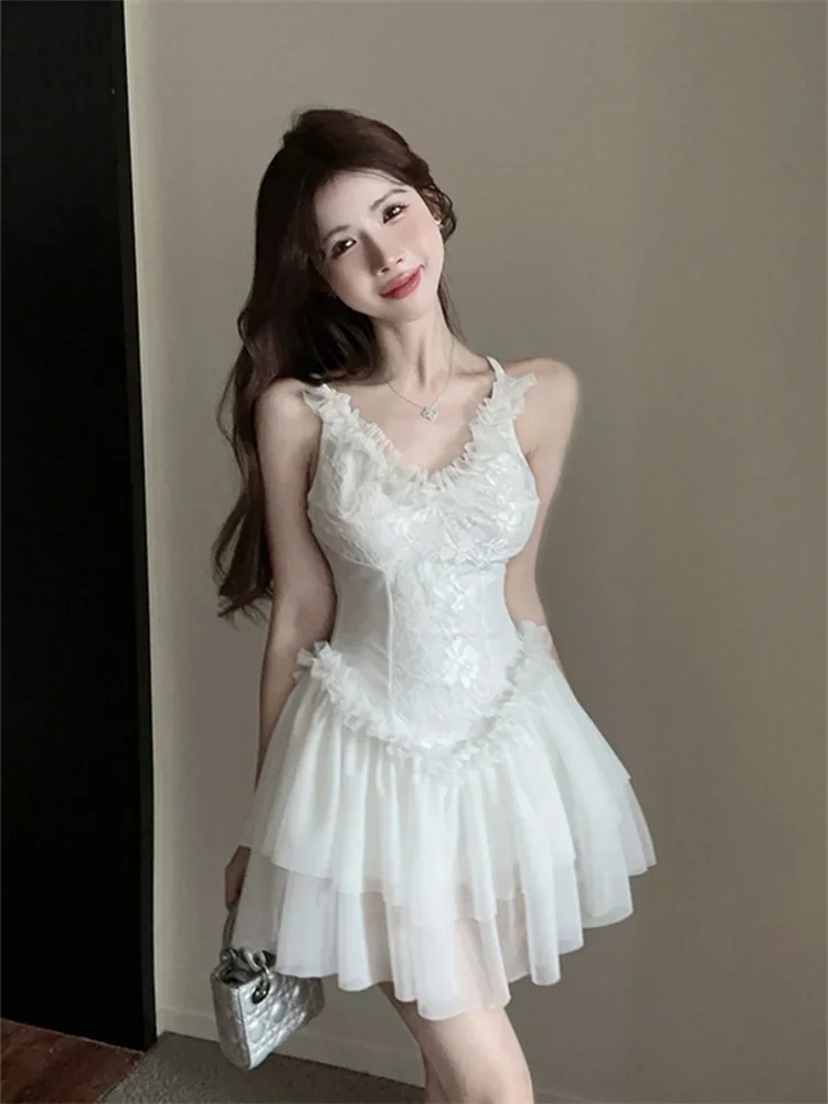 Prinses Stijl Sexy Feestjurk Lieve Meisjes Ruches Taille V-Hals A-Lijn Fee Kant Korte Witte Jurk Hemd Vestido Feminino