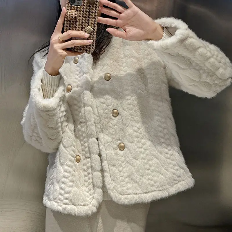 Pakaian musim dingin wanita bergaya mewah Chic outerwear Double Breasted imitasi bulu mantel Vintage elegan tebal hangat jaket