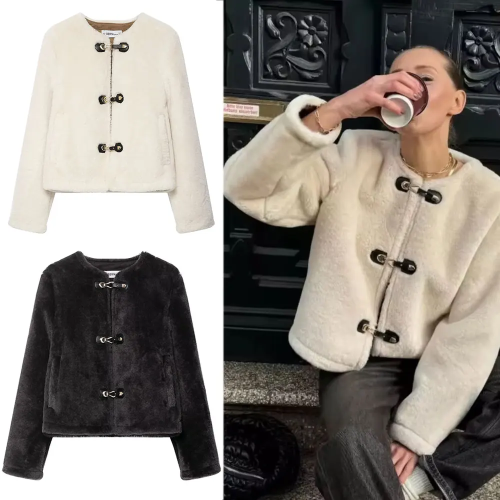 HH Women Elegant Solid Faux Lamb Wool Short Coat O Neck Long Sleeve Jacket Autumn Winter Fashion High Street Lady Outerwear