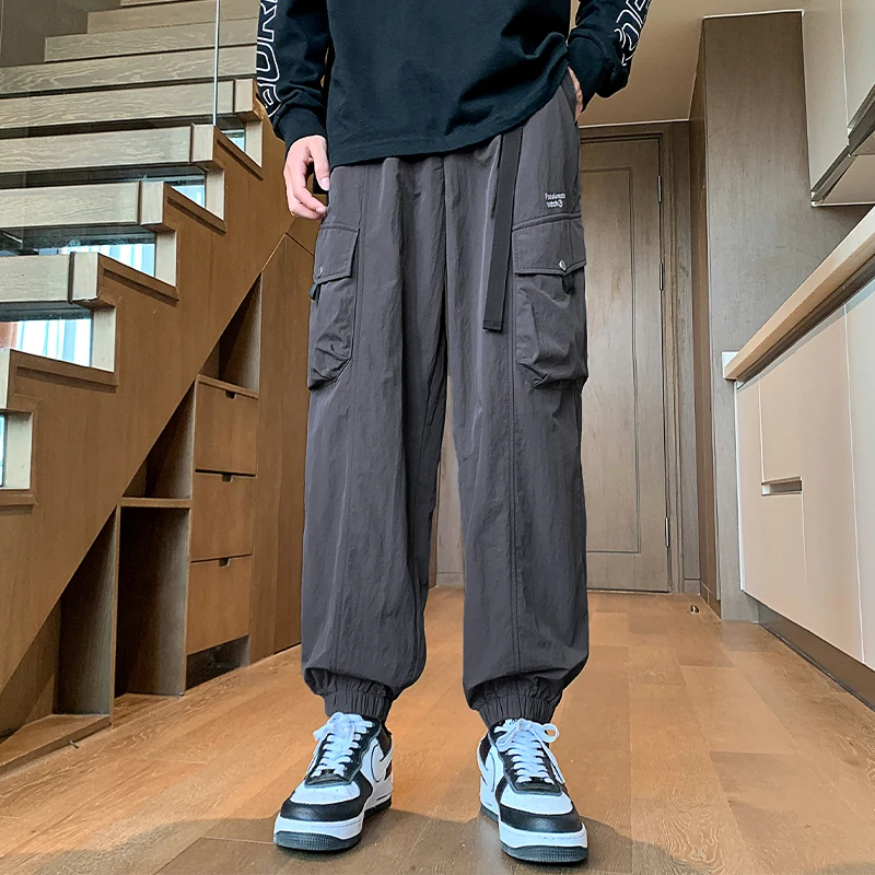 

New Arrival Men's Cargo Pants Solid Color Loose Casual Elastic Waist Full Length High Waist Pants Four Seasons Male Streetwear