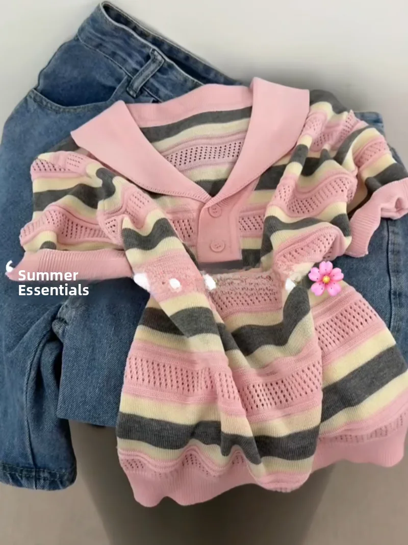 

Recommended Self-Purchase Hollow Stripe Neck Short Sleeve Knitted Sweater Women Summer New Style Youthful Thin Top