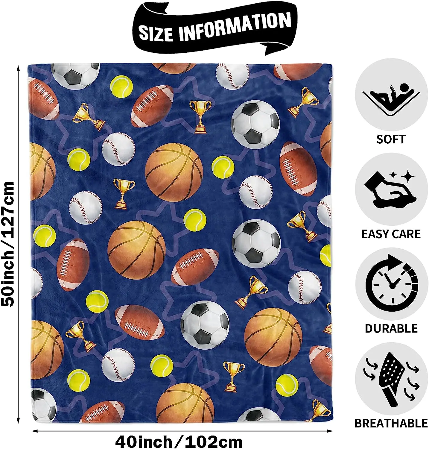 Sports Fleece Blanket for Kids, Soft Cozy Plush Sports Blanket Throw for Boys, Sports Ball Blanket with Basketball