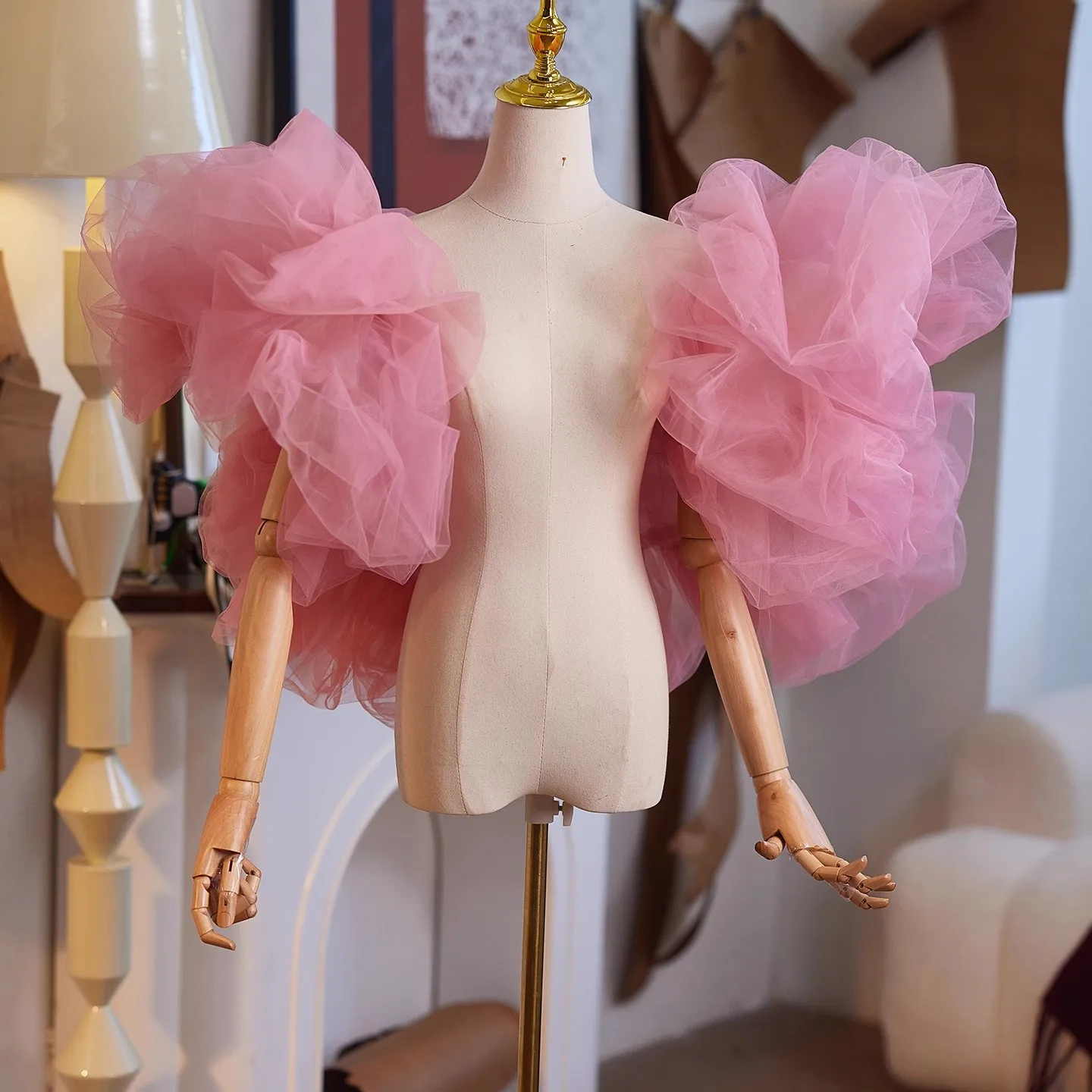 

Women's Spring Summer Big Pink Mesh Pashmina Female Performance Party Show Shawl Cloak Collar R2677