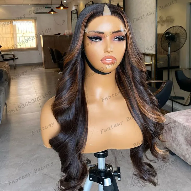 

Remy Human Hair Black Women Adjustable Full Wigs Water Wavy Human Hair Highlight Brown Blonde Middle U Part Wigs with Clips