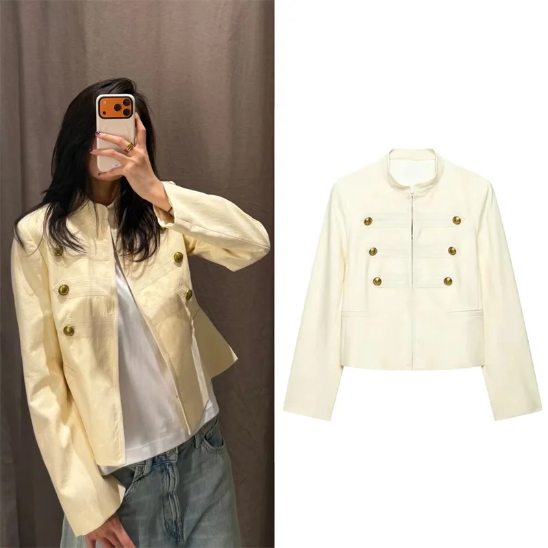 2026 Summer New Women's Jacket Beige Long-Sleeve Stand Collar Napoleon Knight Style Slim Fit Jacket Casual Fashion Versatile