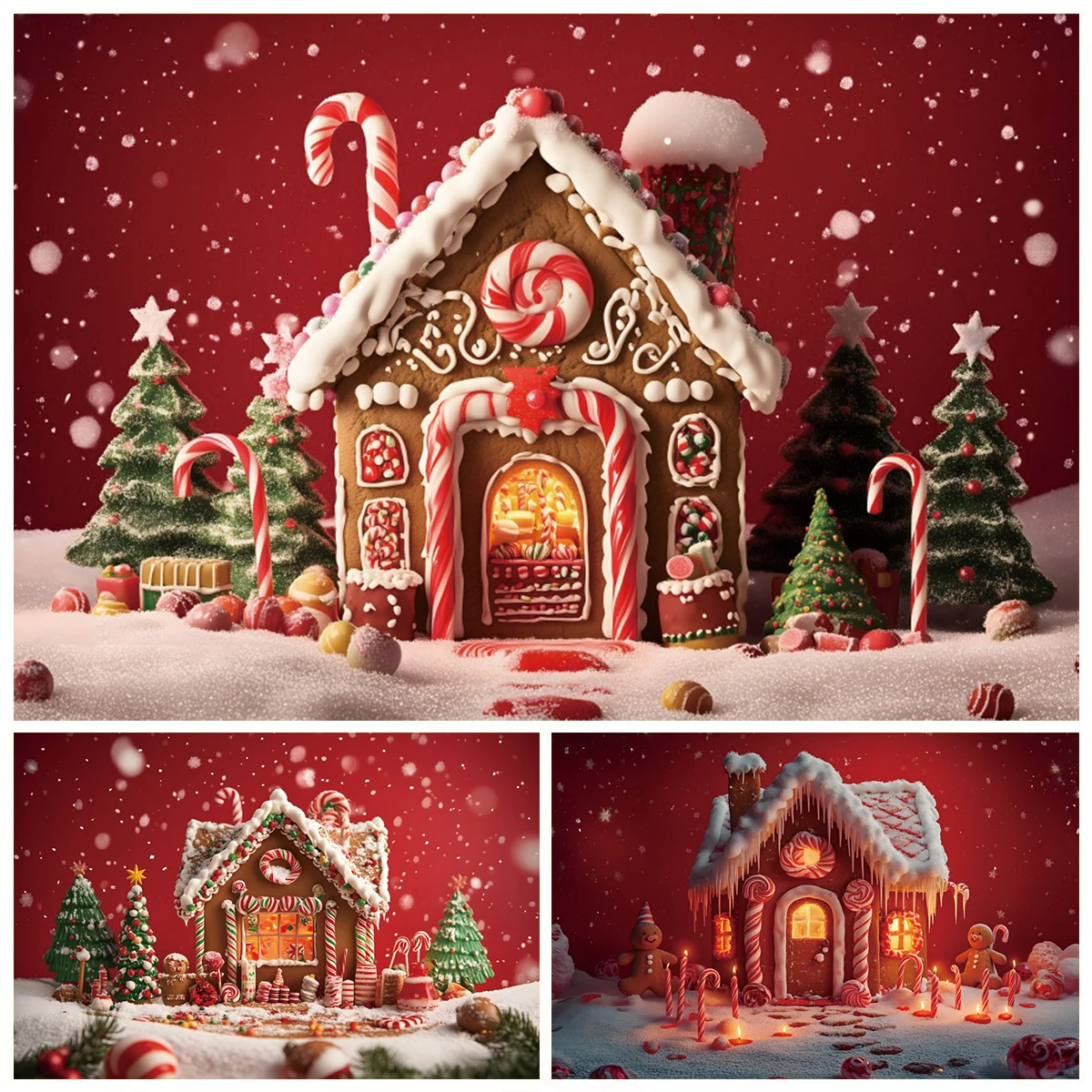 Fondo de fotografía de casa de jengibre de Navidad, copo de nieve de invierno, bastón de caramelo, regalo de árbol de Navidad, retrato de niños, fondo de fotografía rojo