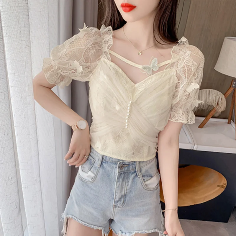 2023 Summer Puff Sleeve Off Shoulder Shirts Mesh Lace Bow Tops Sexy Sheer Buttoned Blouse For Women Blusa Mujer Blouses Ladies