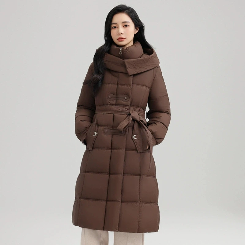 

Large Size Winter Down Jacket Warm Stylish Slim Belted Hooded Durable Cotton Puffer Coat for Women Long Parka Thick Over-Knee